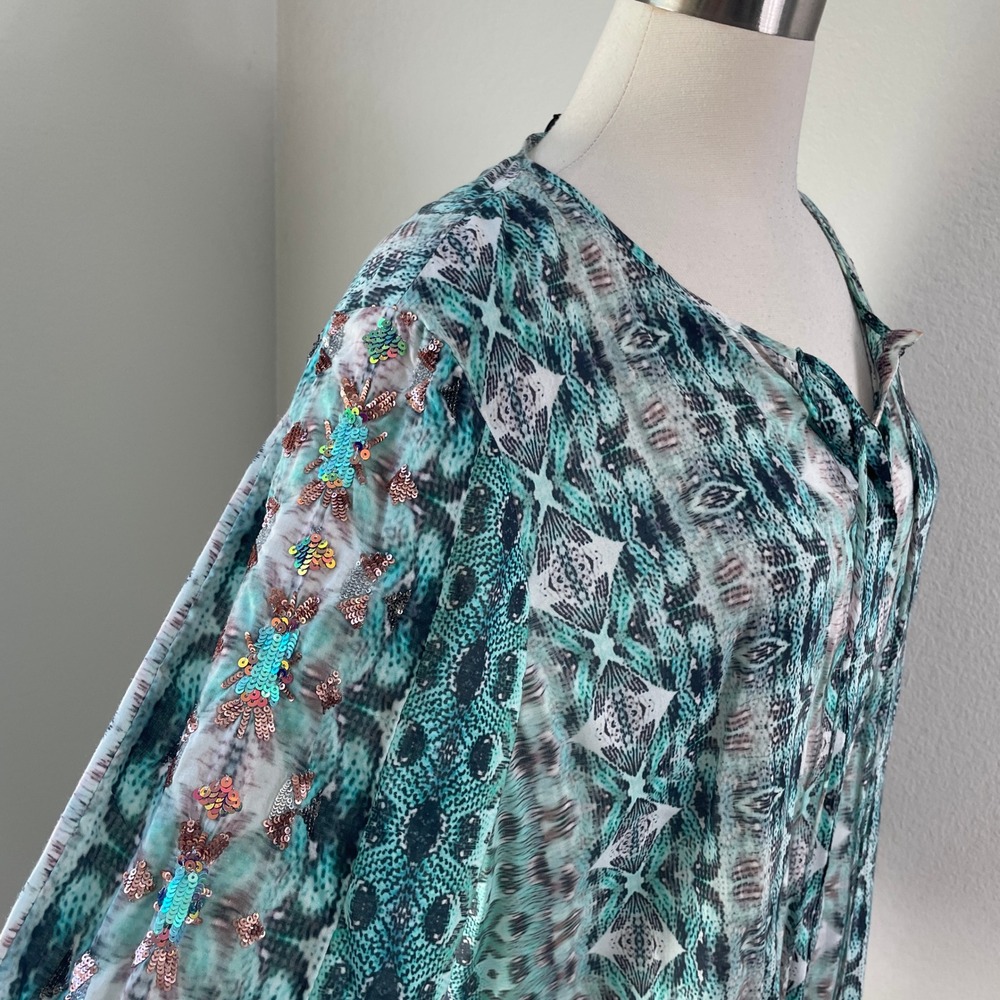 Kobi Halperin Womens XL Teal Ikat‎ Snakeskin Print Blouse Front Neck Tie Shirt - Picture 6 of 10